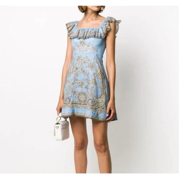 Zimmermann Dresses & Skirts - Zimmermann size 8 US Fiesta ruffle neck dress aqua paisley linen mini dress